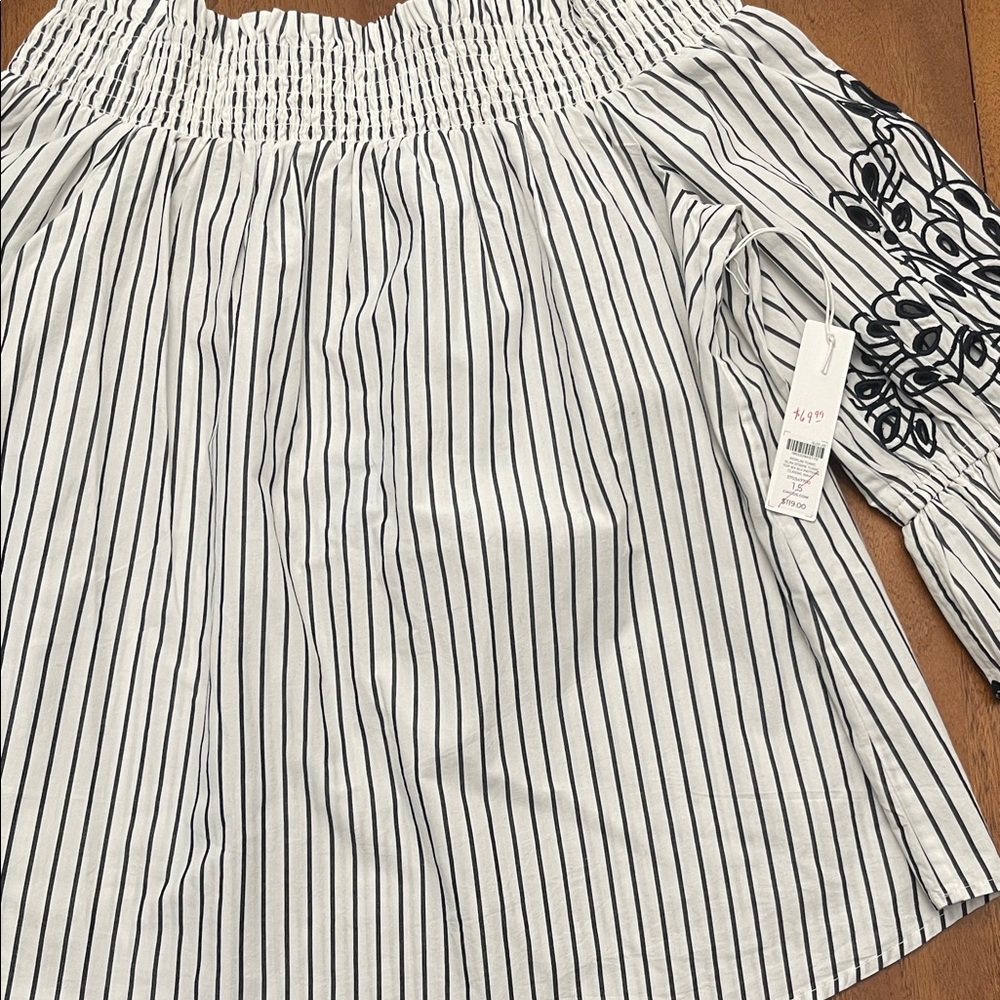NWT Chicos Navy White Striped Off-Shoulder Top with Floral Embroidery sz 1.5